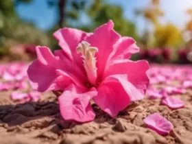 jardim com rosa do deserto no chão