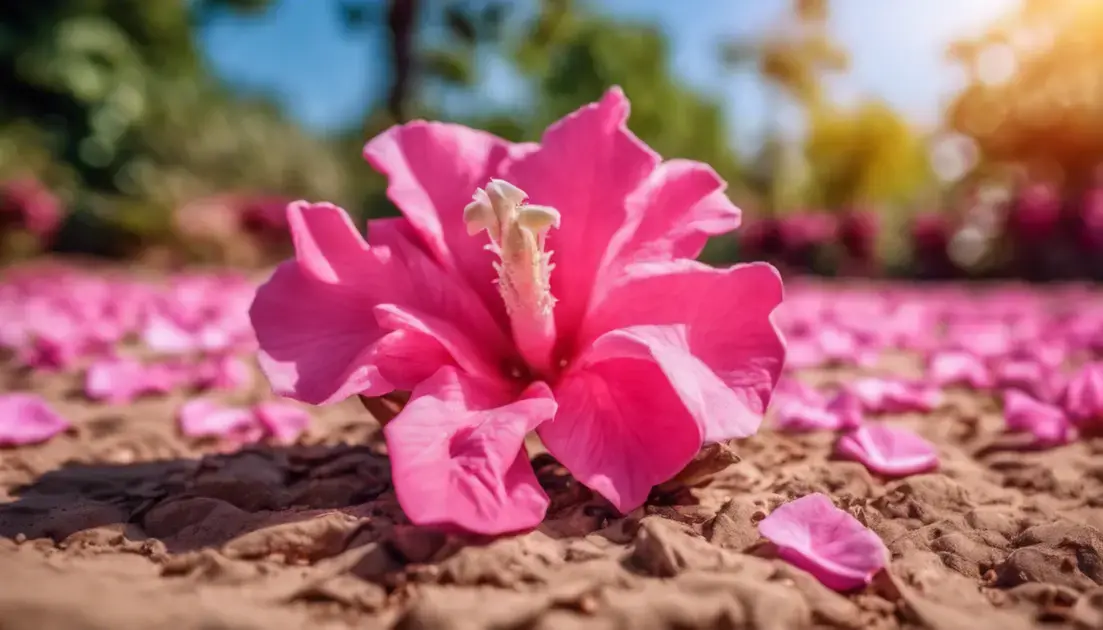 jardim com rosa do deserto no chão